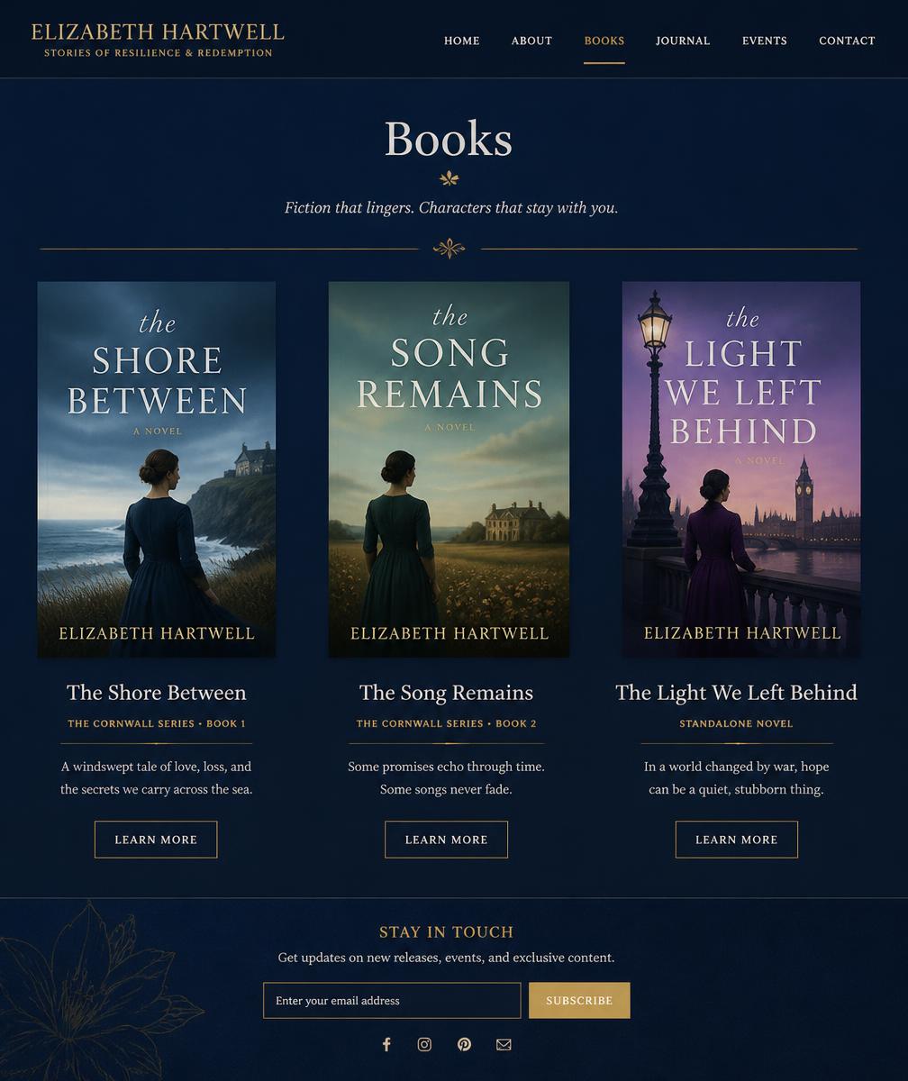 Author website books page on a tablet