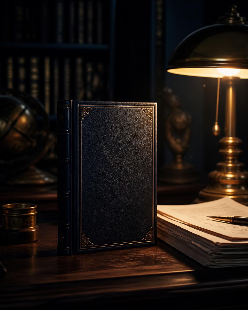 A leather-bound book beside a manuscript on a lamplit desk