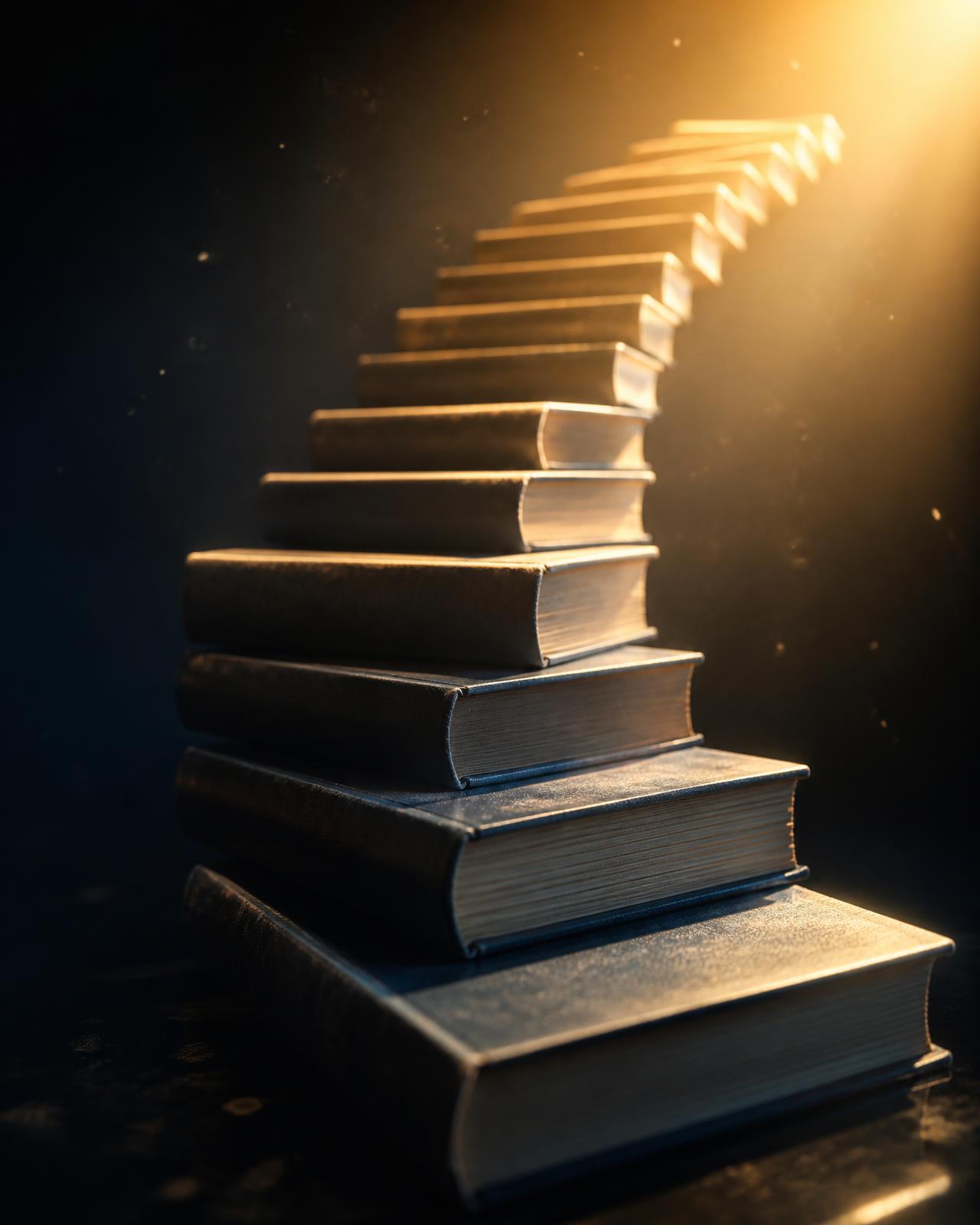Hardcover books ascending like a staircase into warm golden light