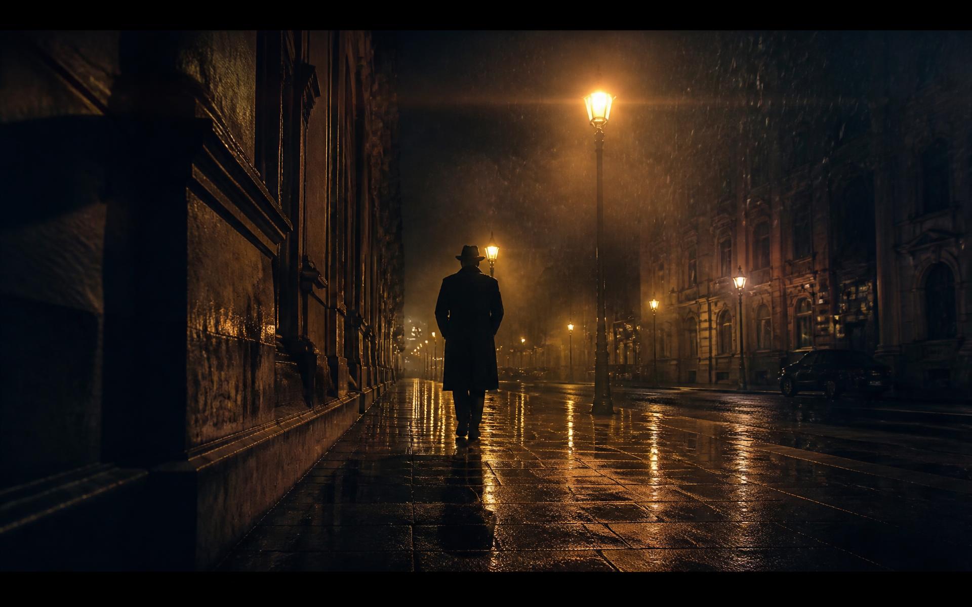 Cinematic still from a PageRise book trailer — a figure walking a rain-lit street at night